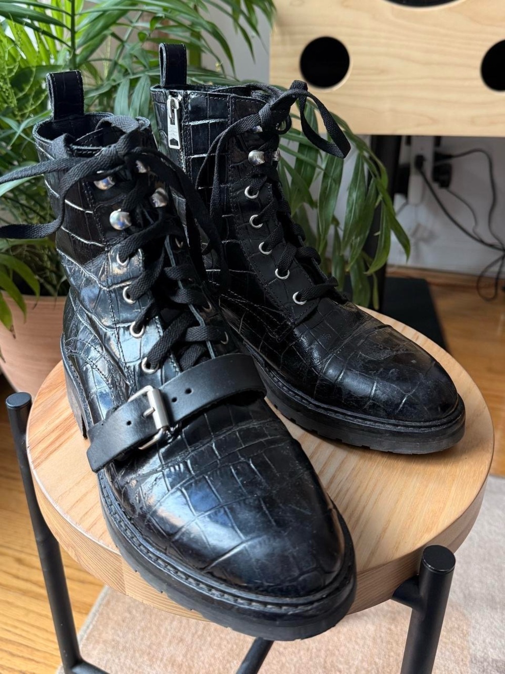 Y2K AllSaints Donita Black Croc-Embossed Leather Lace-Up Combat Boots US 8